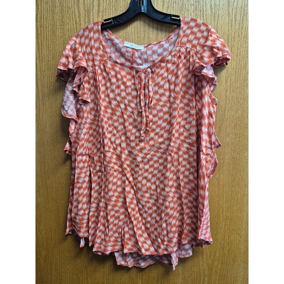 Orange & White Patterned Ruffle Sleeve Top Jade By Jane S 100% Rayon Lightweight - Picture 3 of 4